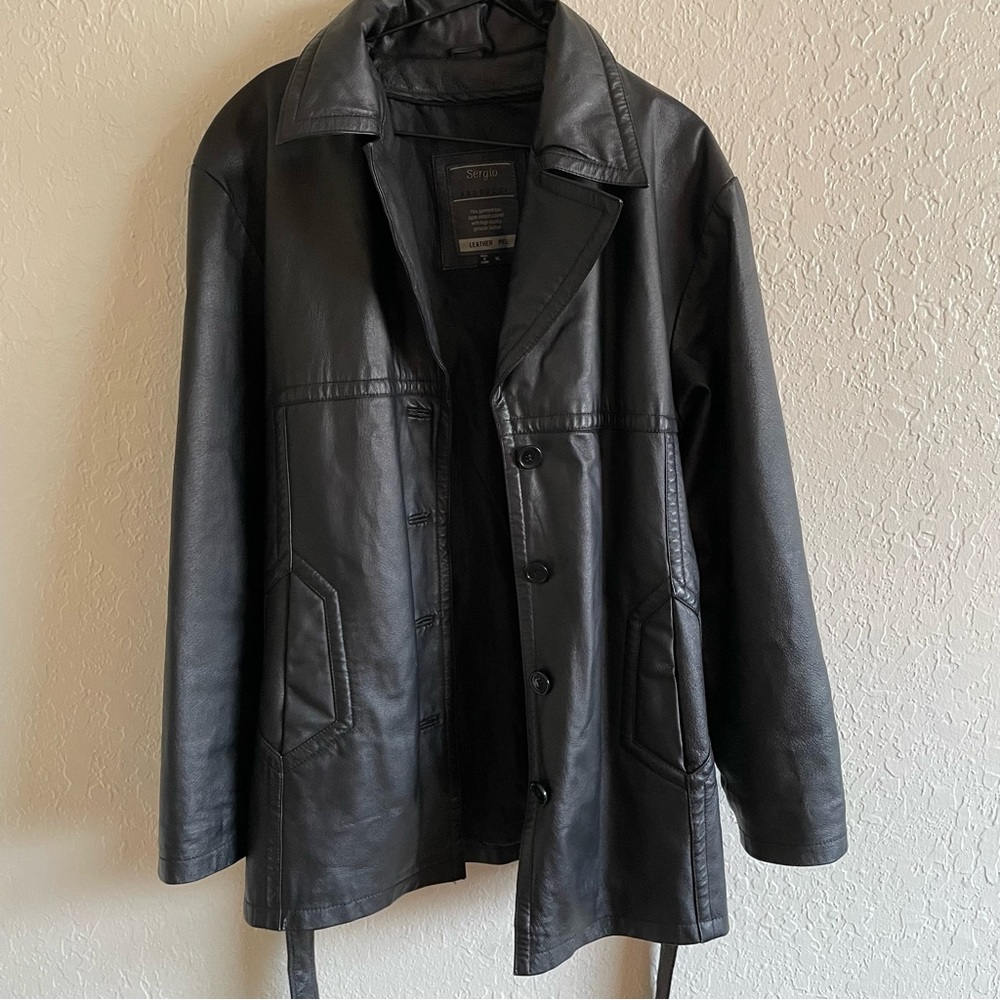 Vintage Sergio Vadducci leather trench coat jacket black, XL - Picture 5 of 13